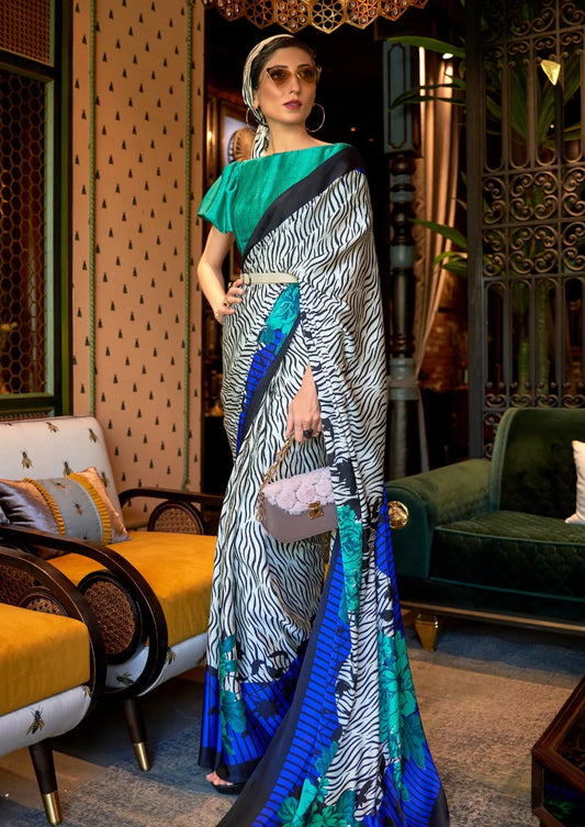 Digital print pure satin silk white blue saree online shopping with price india.