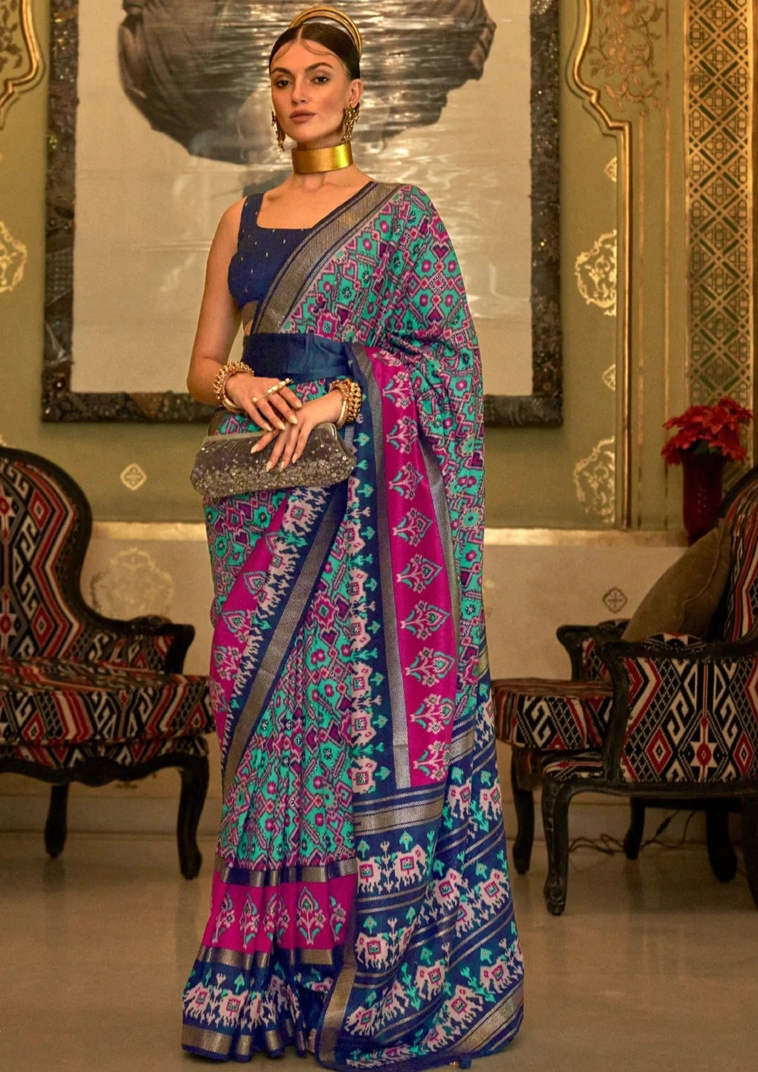 Double ikkat patola saree online shopping green and blue wedding price.