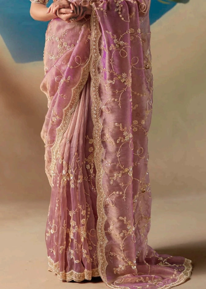 Dreamy pastel pink organza tissue silk bridal saree pallu & pleats with handcrafted beadwork and sequin embroidery for romantic daytime wedding and photoshoot.