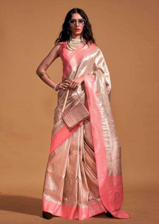 Dual tone pure handloom kanjivaram silk zari work cream wedding saree online usa.