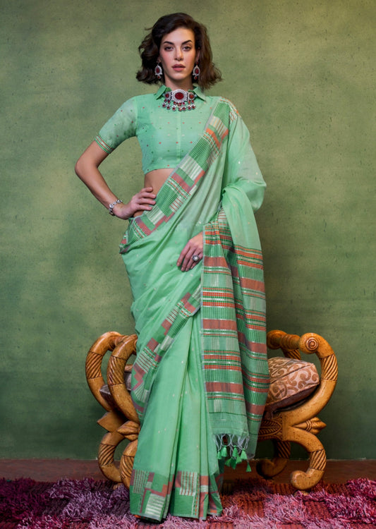 Dubai handloom cotton silk green saree online shopping with price.