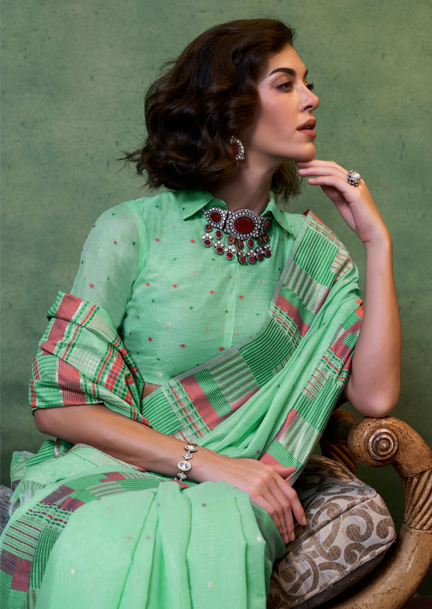 Dubai handloom cotton silk green sarees online shopping with price.