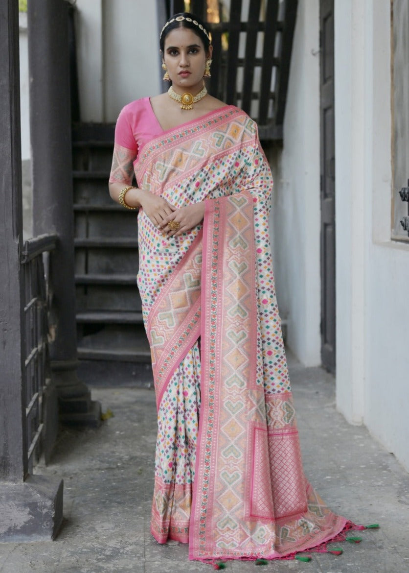 Dubai banarasi patola handloom silk off white saree online shopping with price.