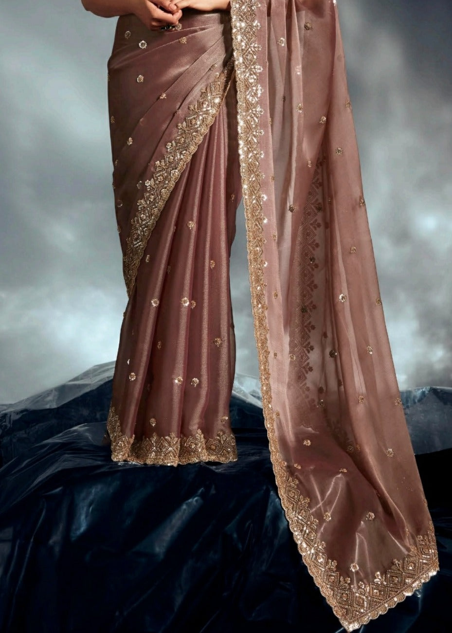 Elegant brown organza tissue silk contemporary bridesmaids saree with artisanal hand embroidery work perfect for bridal squad styling.