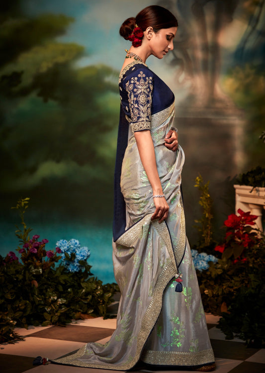 Embroidered banarasi satin silk silver handwork luxury saree online for wedding.