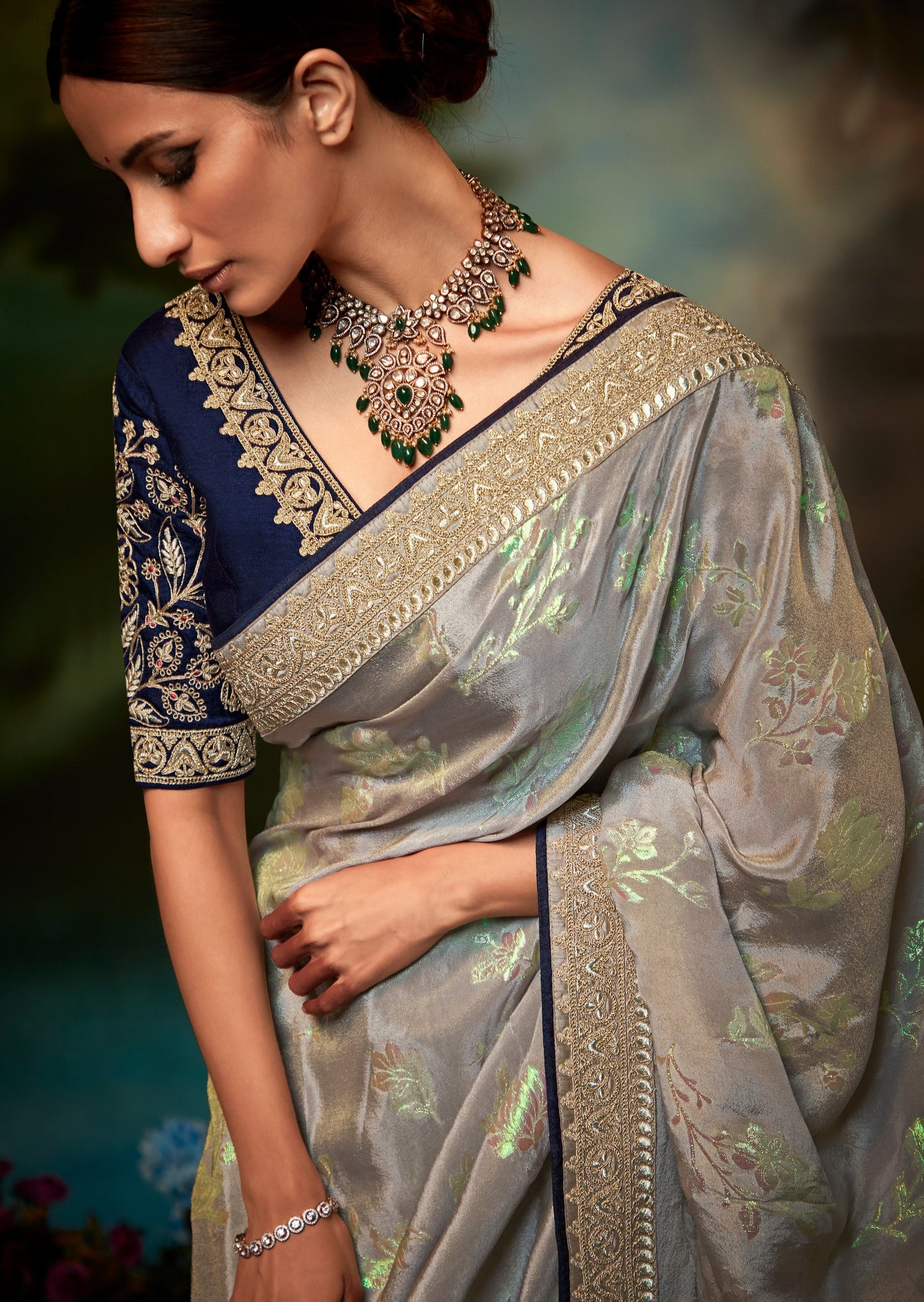 Embroidered banarasi satin silk silver luxury bridal saree online design for bride.