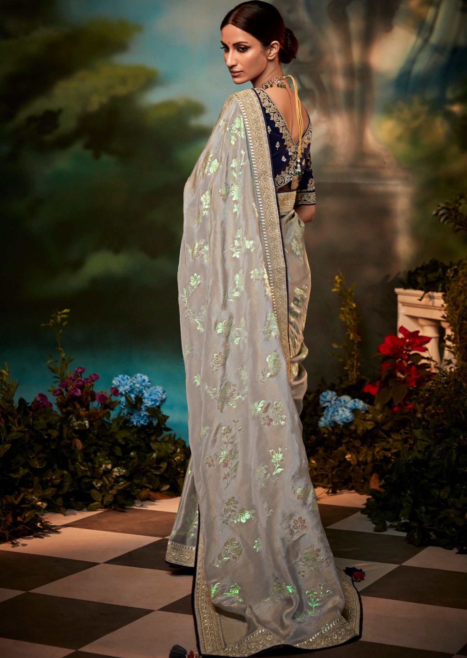 Embroidered banarasi satin silk silver luxury bridal saree online for wedding.