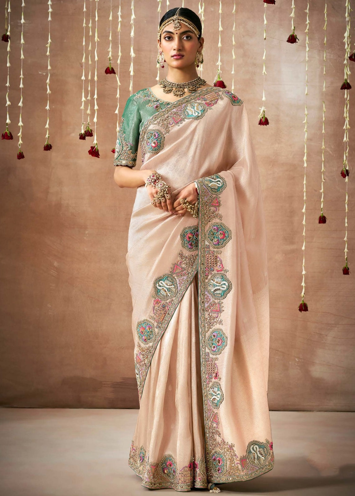 Embroidered tissue silk saree in usa online shopping in pastel peach color with fall pico.