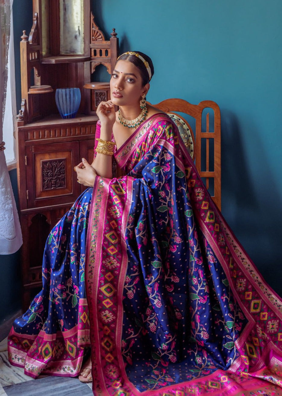 Royal blue fusion banarasi patola silk saree with paithani border pallu online on sale, showcasing traditional handloom craftsmanship.