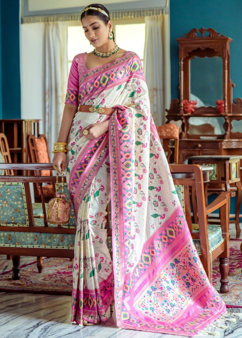 Elegant fusion banarasi patola silk off white saree with intricate paithani border and pallu design, perfect for festive occasions and wedding wear.