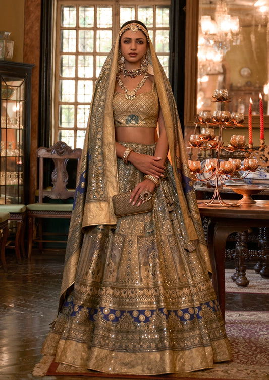 golden designer pure silk zari work bridal lehenga