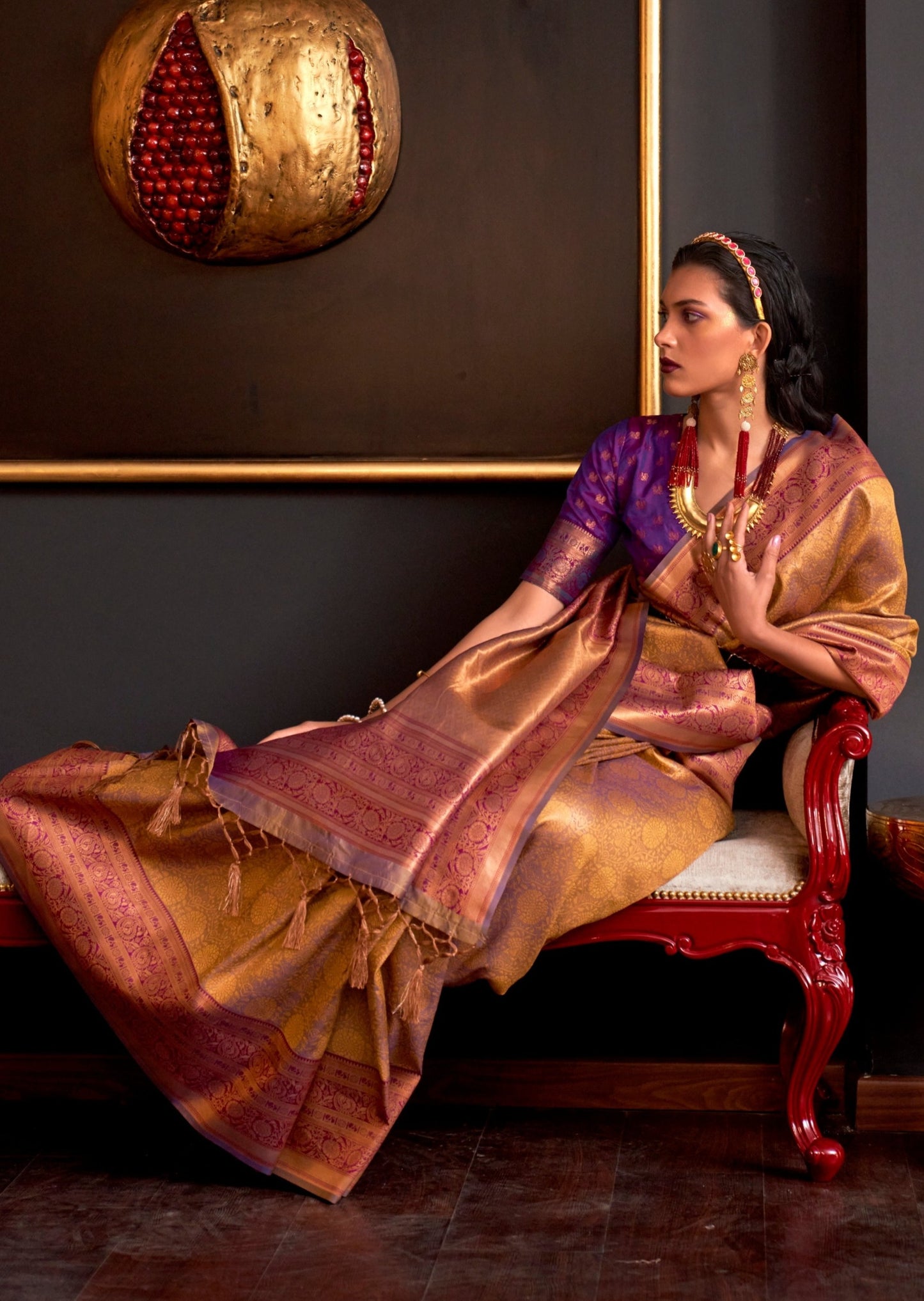 Golden kanjivaram silk saree online with contrast blouse.