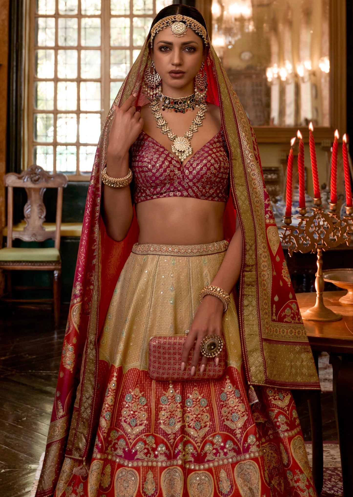 Bride in golden orange color combination silk lehenga choli