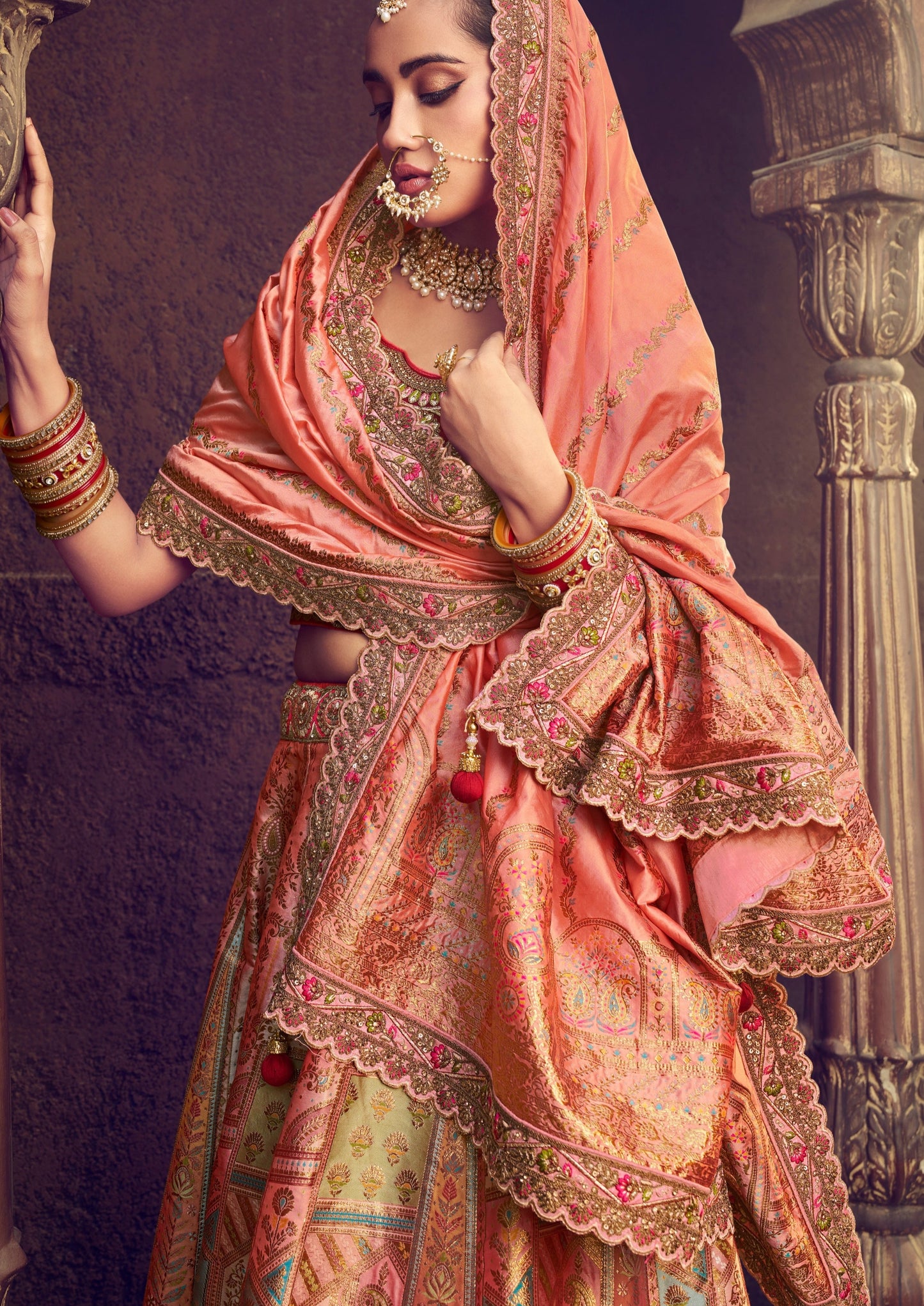 Golden orange silk unstitched bridal lehenga choli online shopping for bride usa.