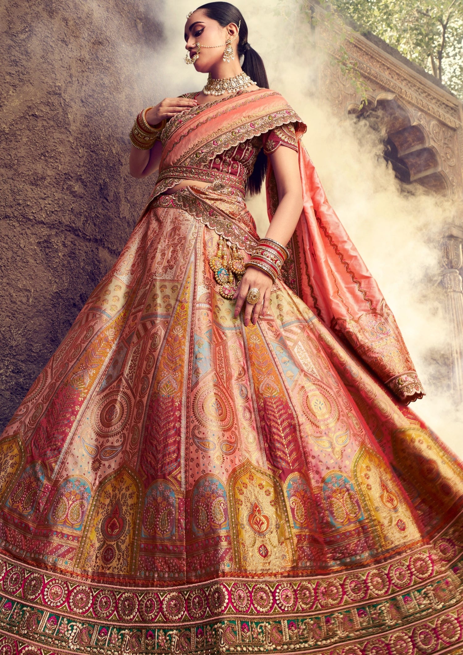Golden orange silk unstitched bridal lehenga choli online shopping price for bride usa.