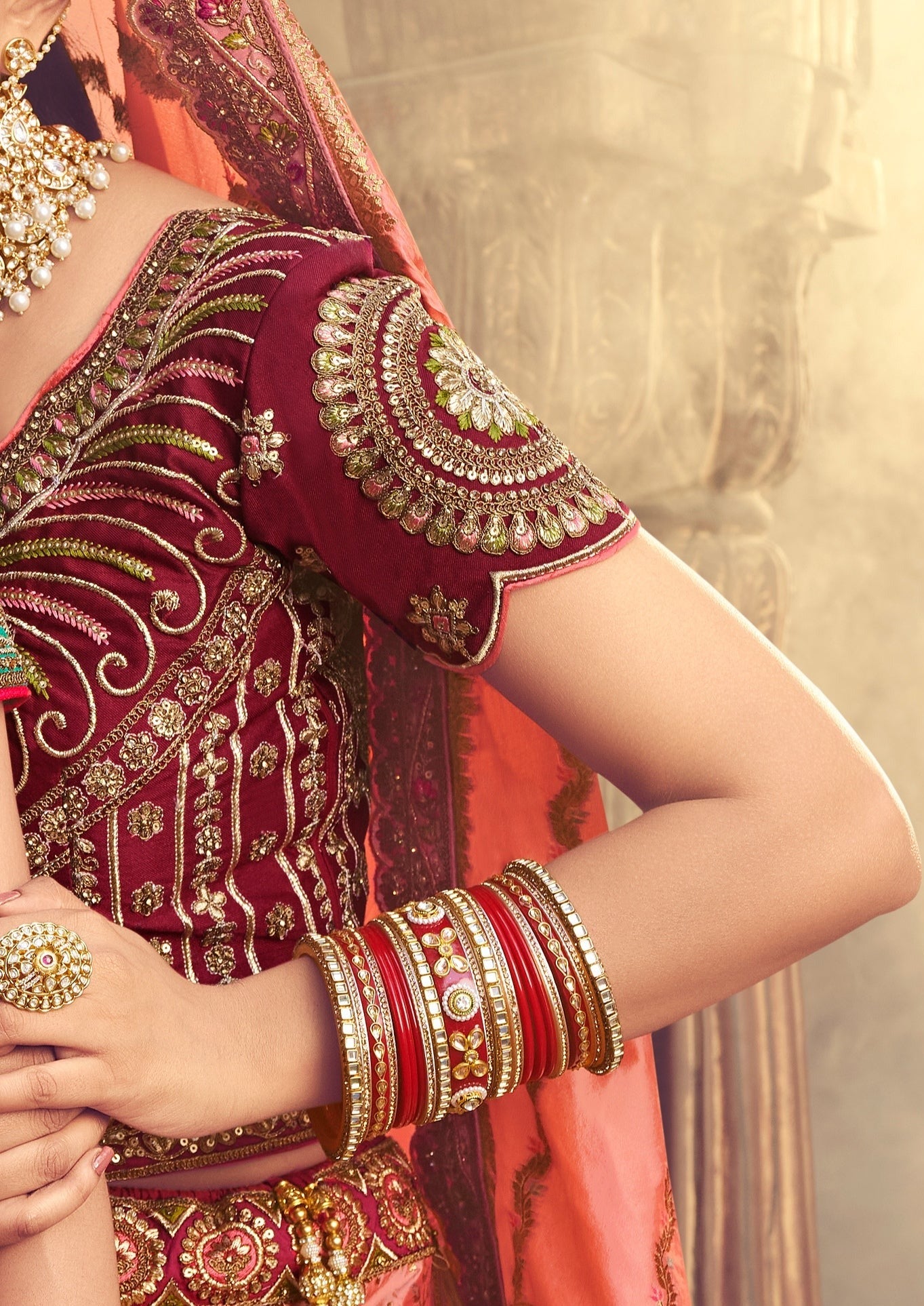 Golden orange silk unstitched bridal lehenga choli online shopping price for wedding usa.