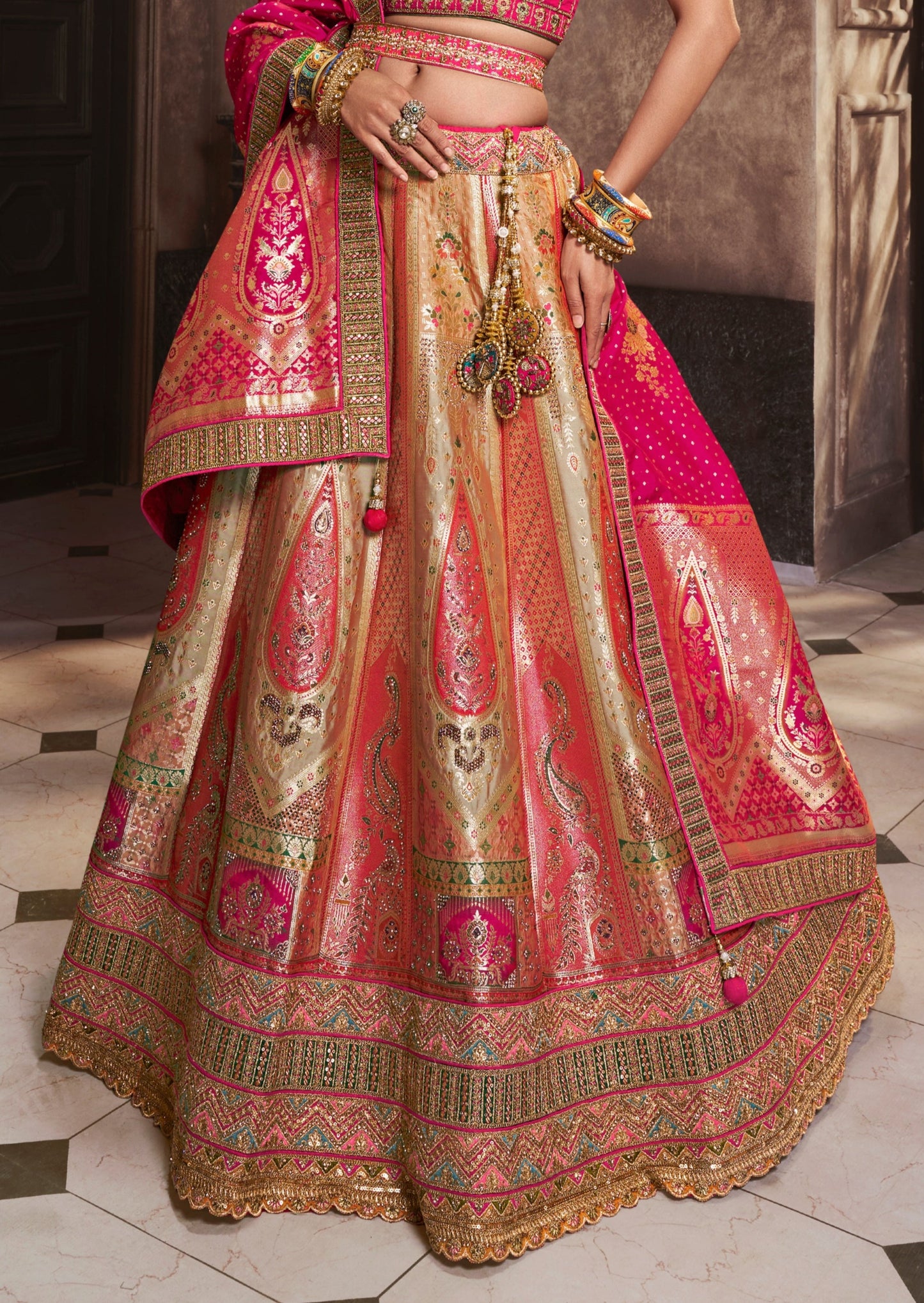 Golden and pink banarasi silk lehenga choli usa dubai uae london uk online shopping price.