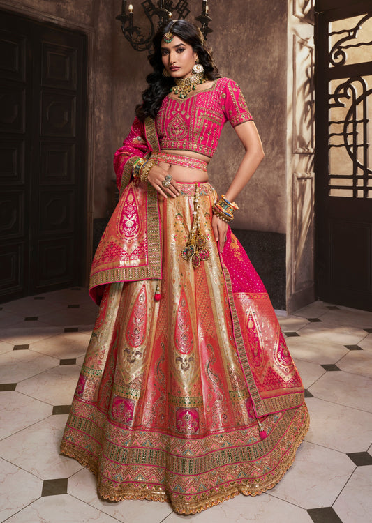 Golden & pink banarasi silk lehenga choli with dupatta usa dubai uae london uk online shopping price.