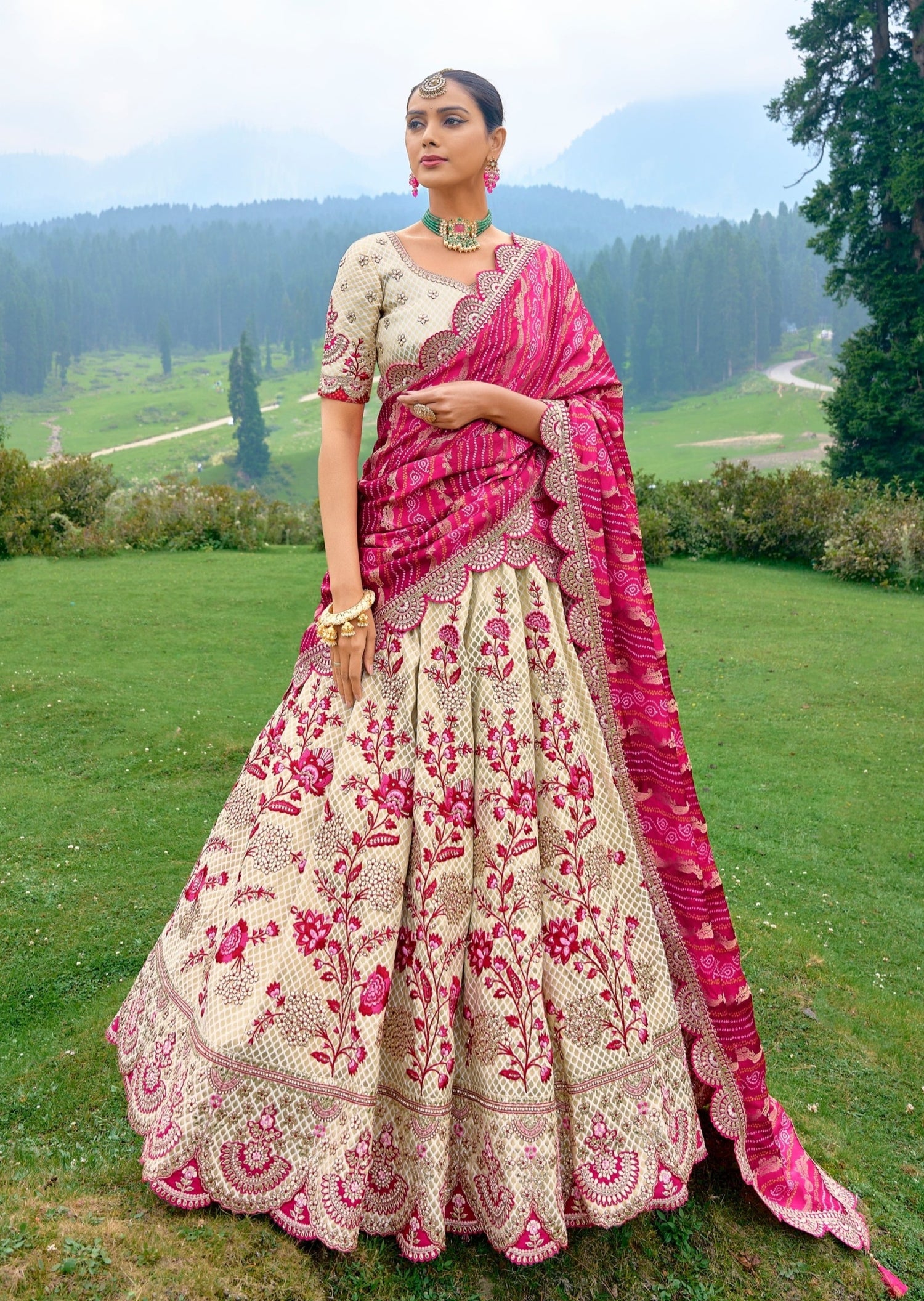 Pink Color Embroidered Velvet Wedding Lehenga