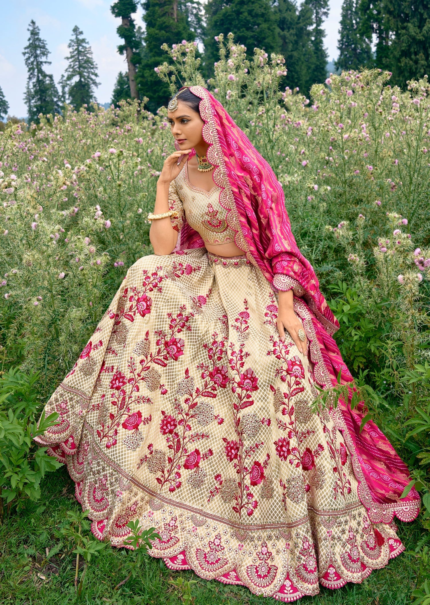 Mehendi Designed Blouse With Yellow Lehenga And Pink Dupatta | Lehenga  color combinations, Garba outfit, Lehnga designs