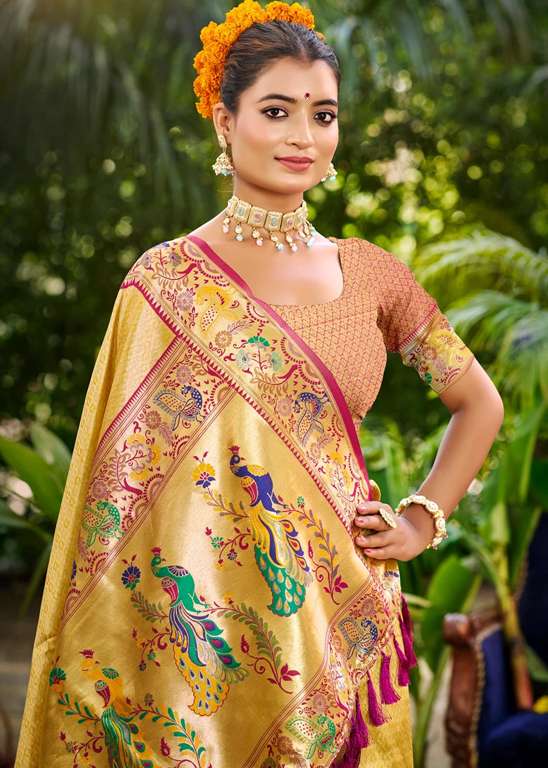 Golden Yellow Paithani Silk Saree With Peacock Motifs