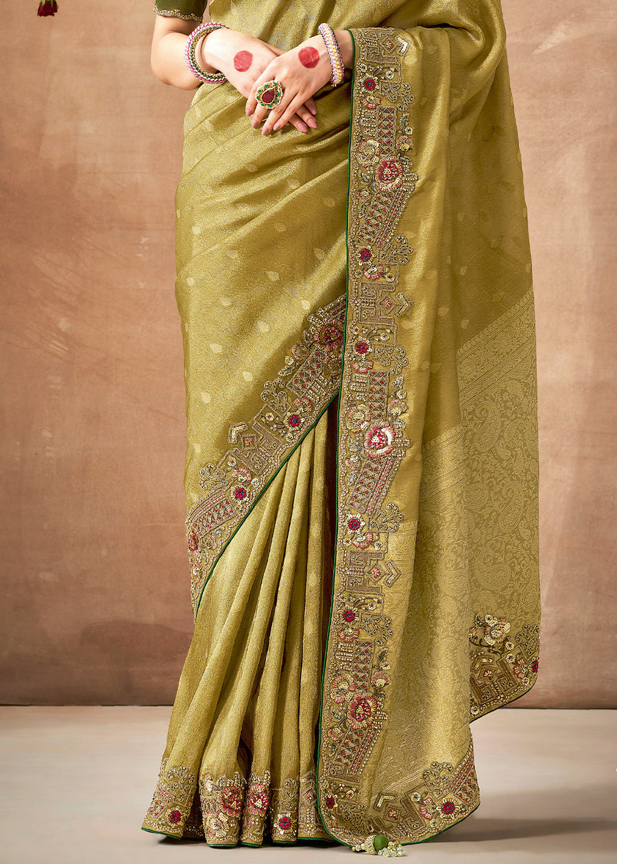 Green banarasi handloom tissue silk saree in usa online shopping having latest designs for bridal wear.