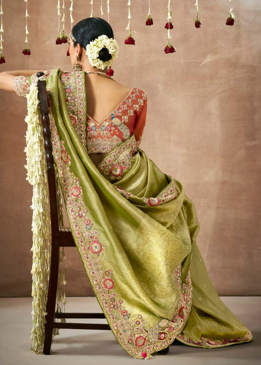 Green banarasi tissue silk handloom saree in london uk online shopping for wedding function.