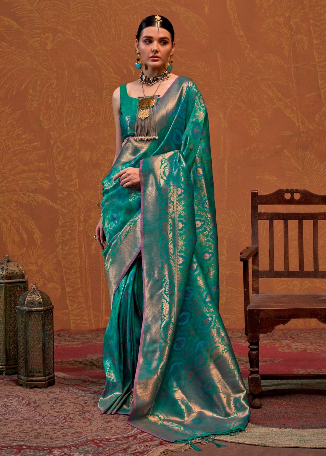 Green banarasi silk saree in usa online shopping for wedding look with fall pico.