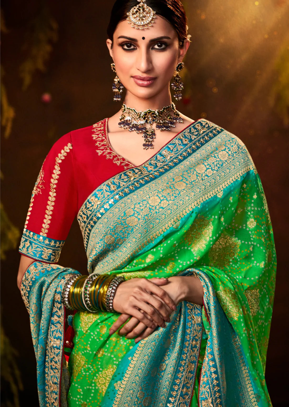 Green bandhani silk saree with red blouse online price india usa uk canada.