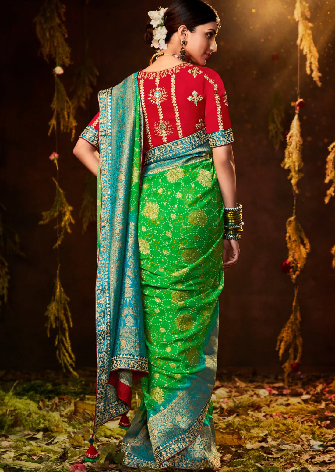 Green bandhani silk bridal saree with red blouse online shopping designs india usa uk price.