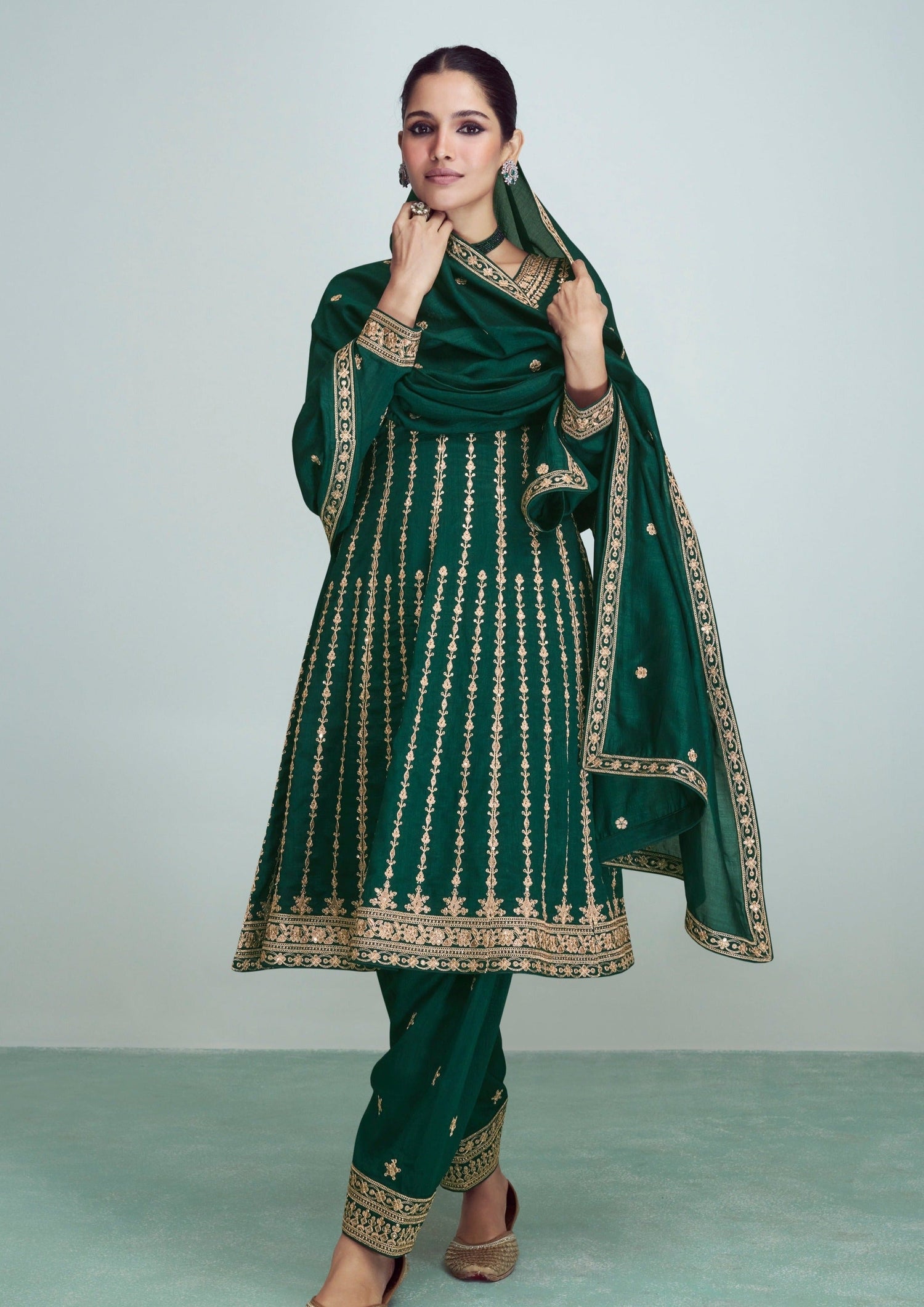 bride in green colour silk salwar suit & dupatta