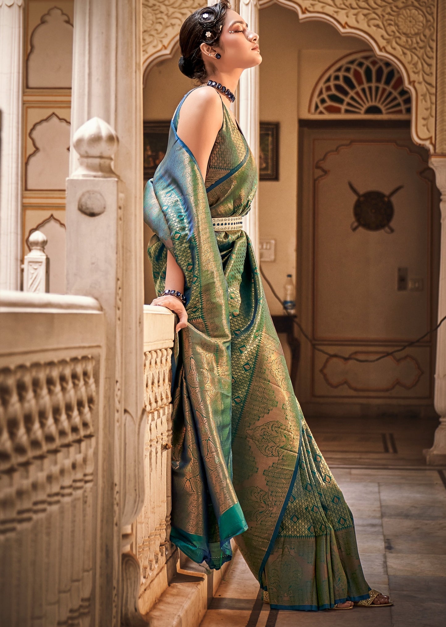 Green kanjivaram silk saree india usa online shopping with price.