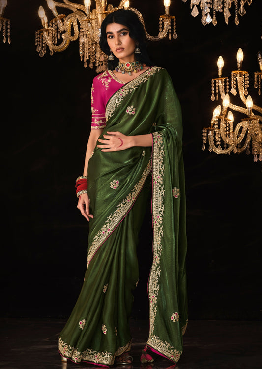 Green organza saree with embroidery online shopping with price.