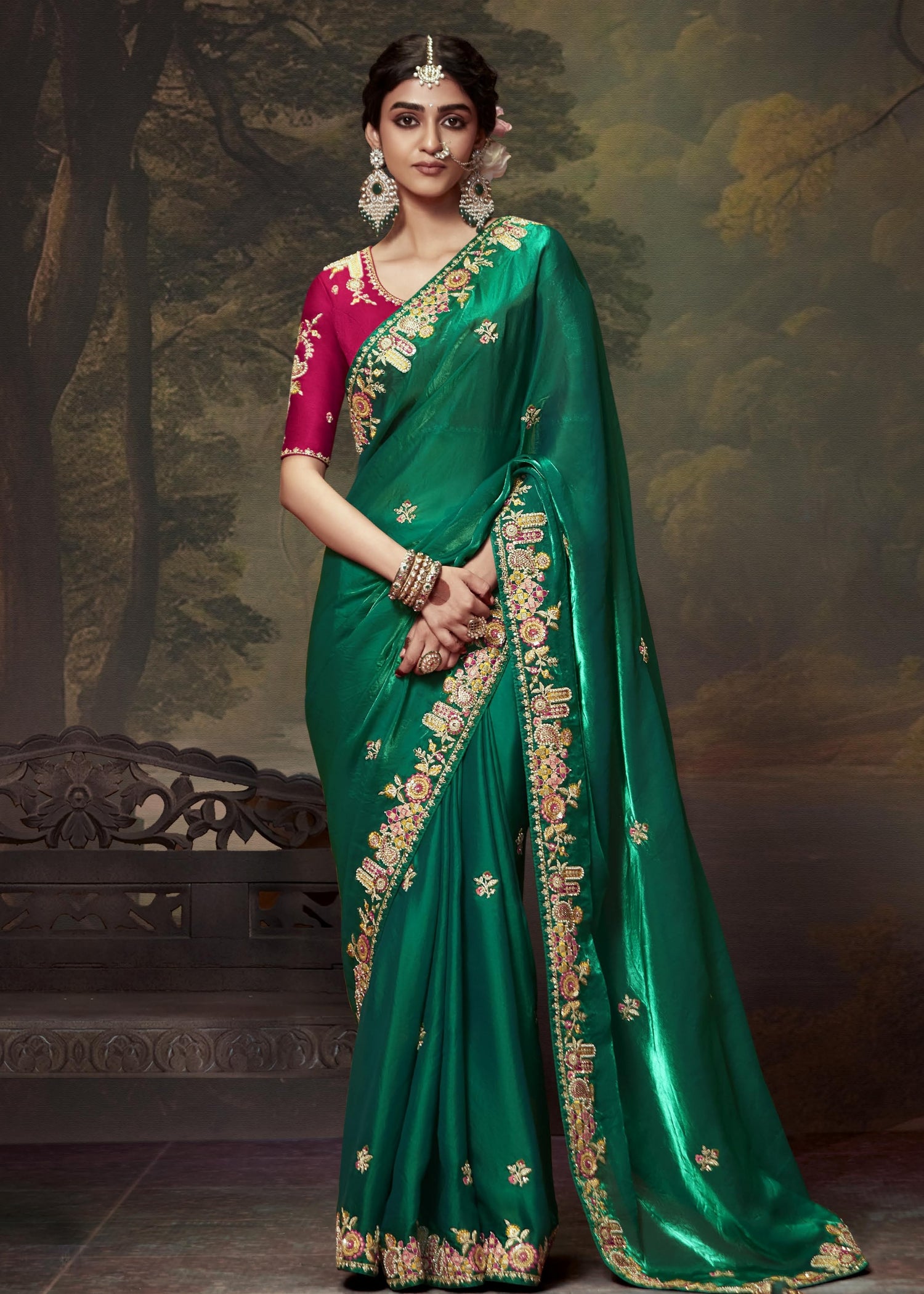 Green organza silk embroidery saree online india with contrast red blouse for wedding.