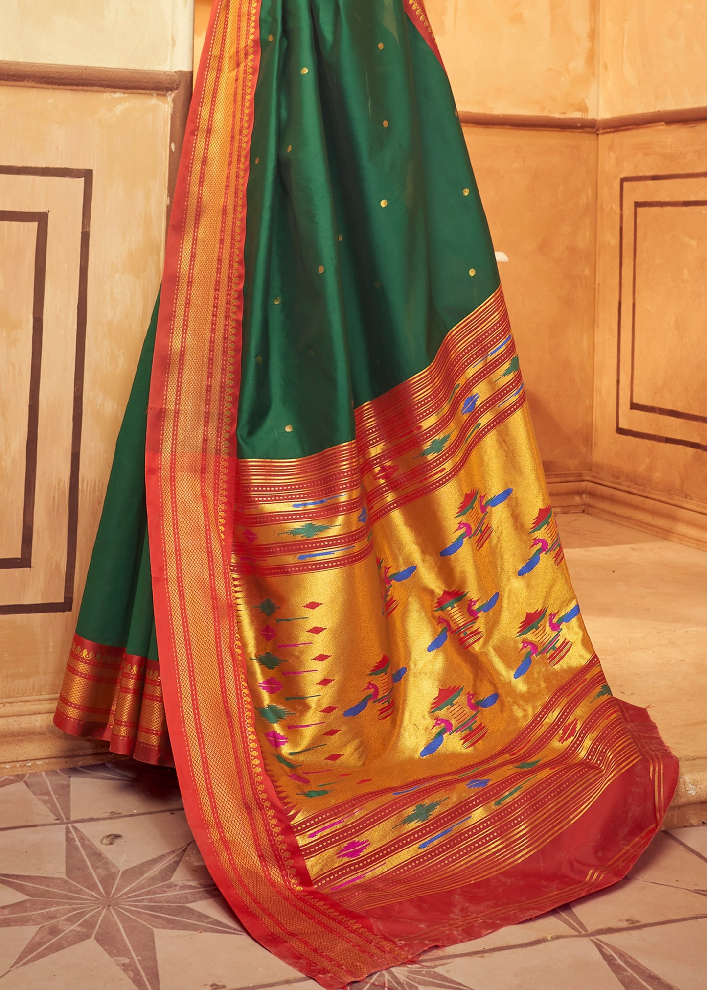 Green paithani silk saree online in india in traditional design.