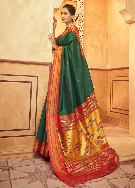 Green paithani silk handloom saree online usa shopping with fall pico.