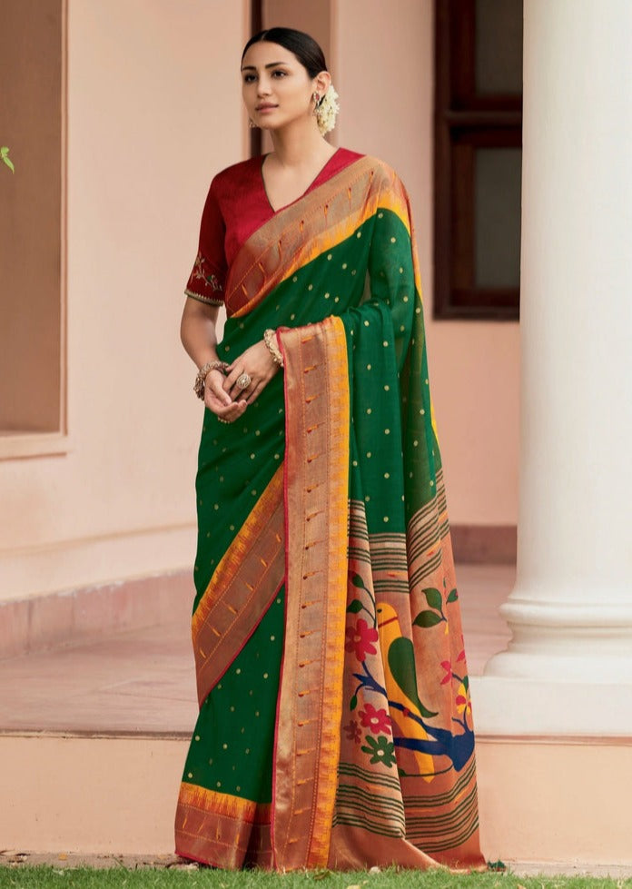 Brasso paithani silk saree with red blouse online designs.