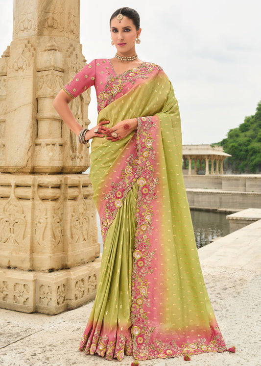 Banarasi viscose tissue silk green and pink ombre handloom embroidered saree with designer cut work border for weddings.