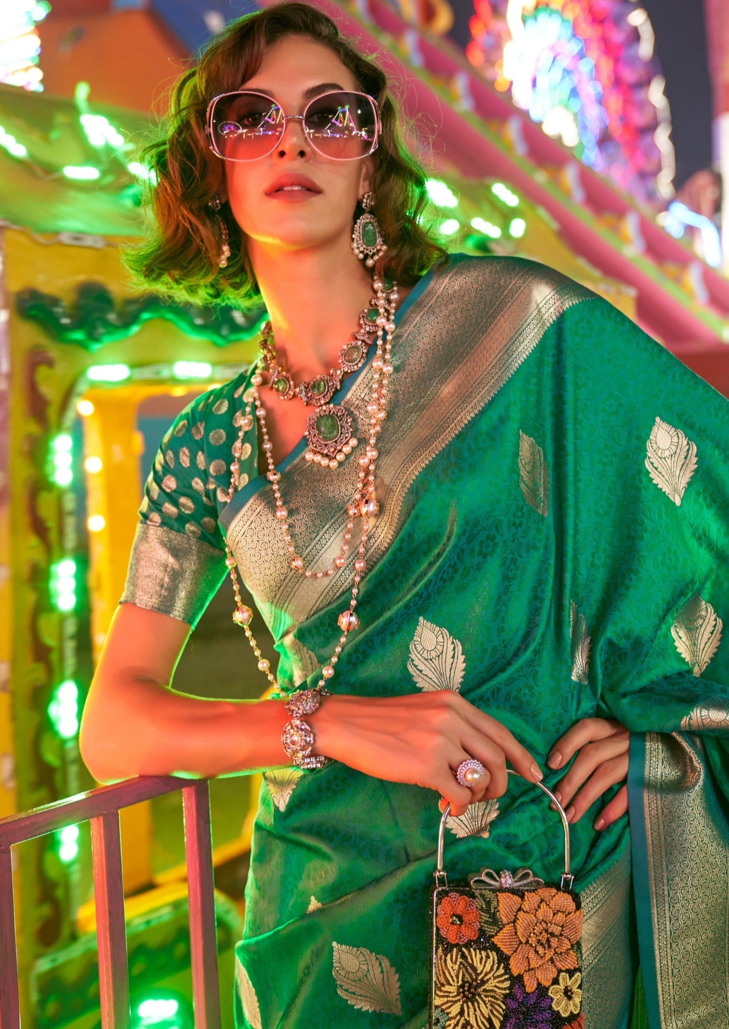 Green saree golden zari border online shopping.