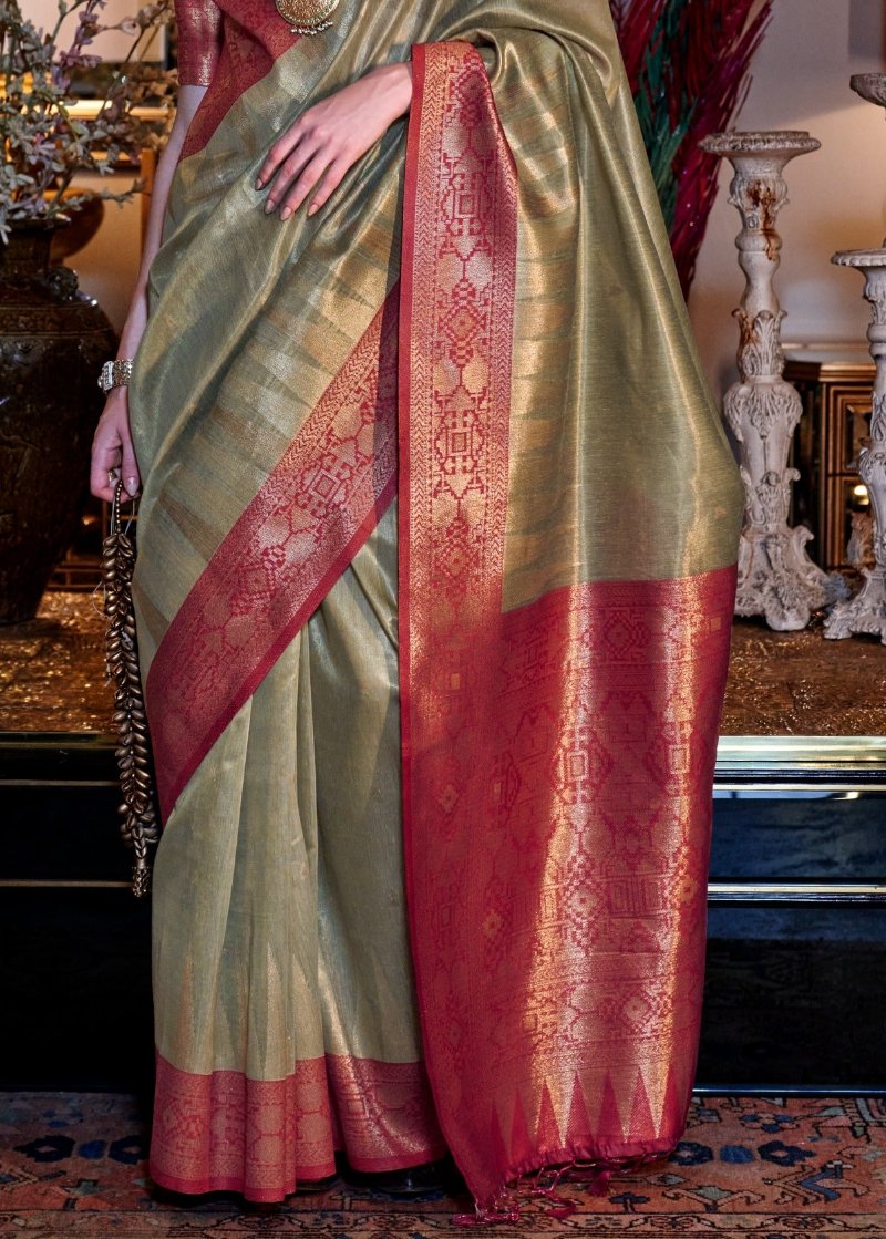 Pure banarasi tissue silk pastel green handloom saree online shopping with contrast red border and gold zari weaving.