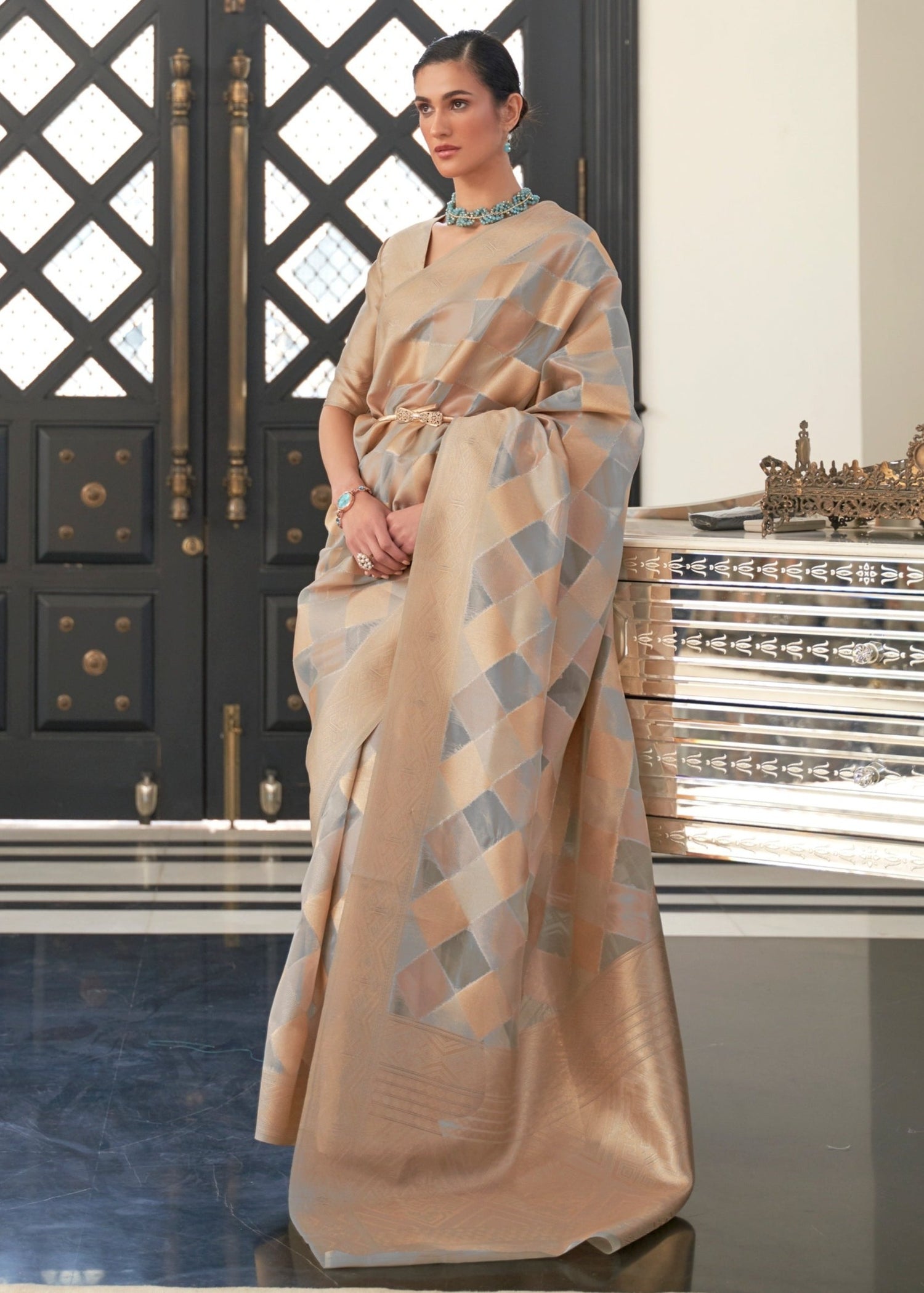 Grey banarasi organza silk saree online shopping for summer wedding function look.