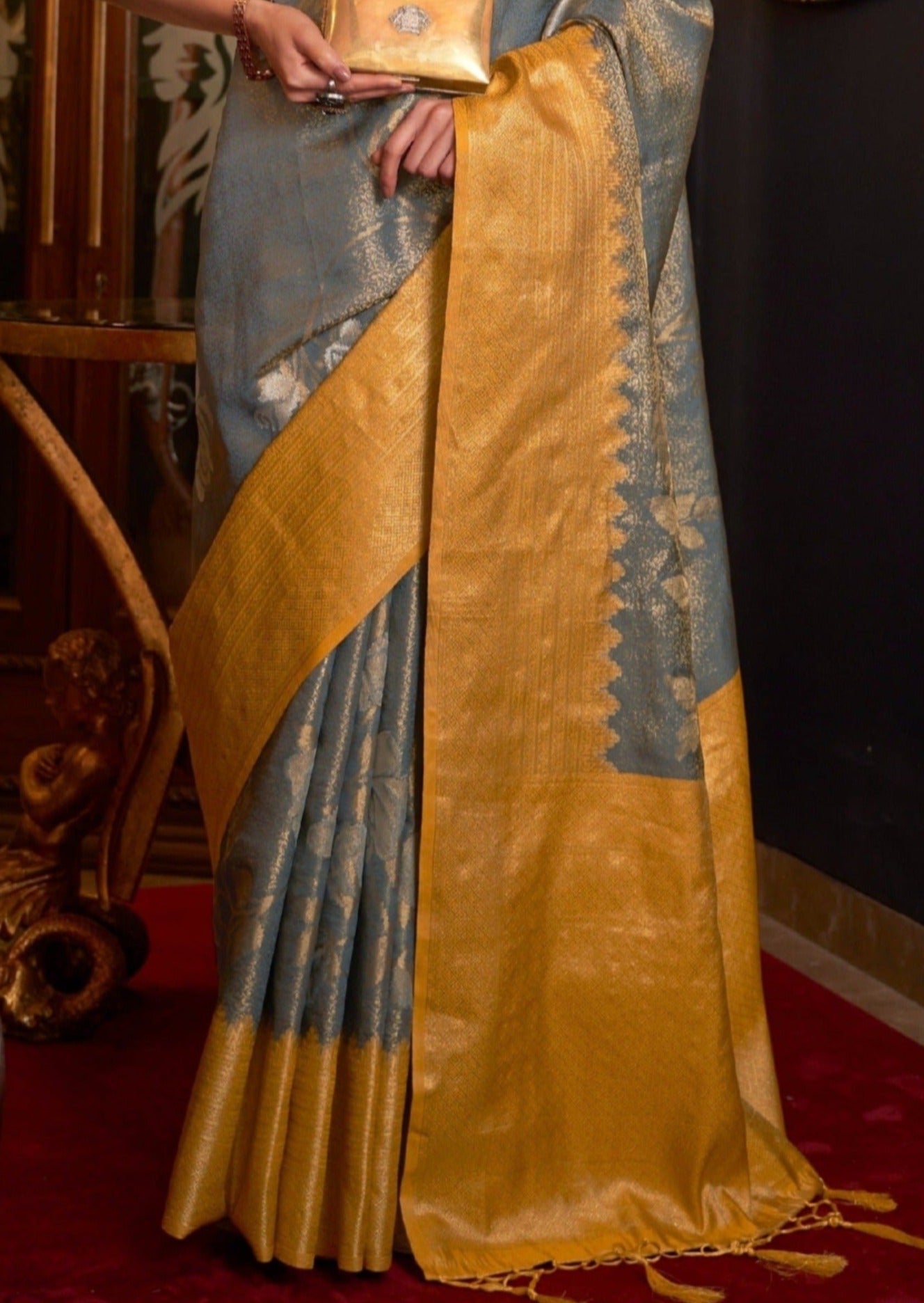 Grey kanjivaram silk handloom saree contrast blouse online price for wedding.