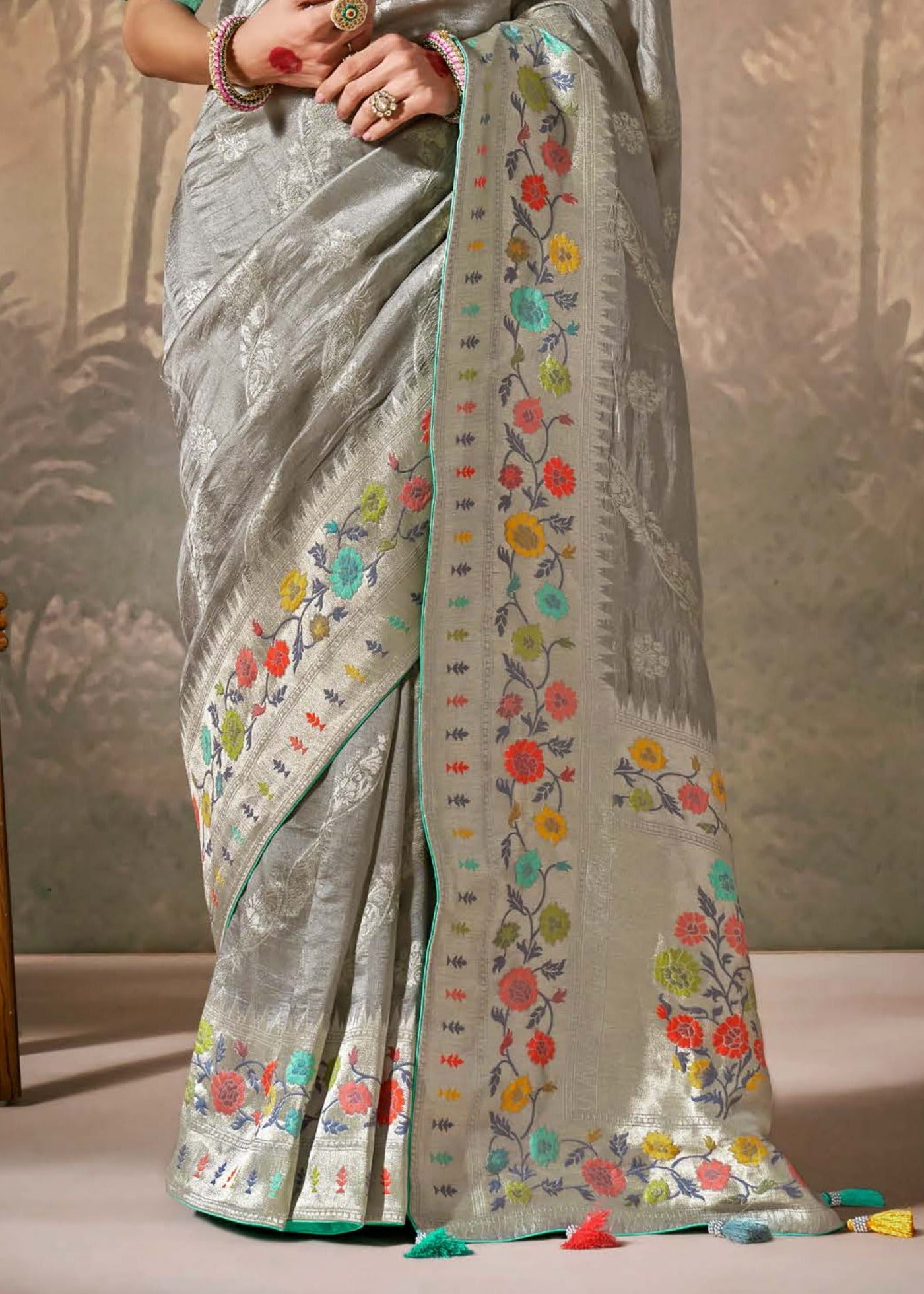 Shop grey paithani silk saree online design with contrast green blouse.