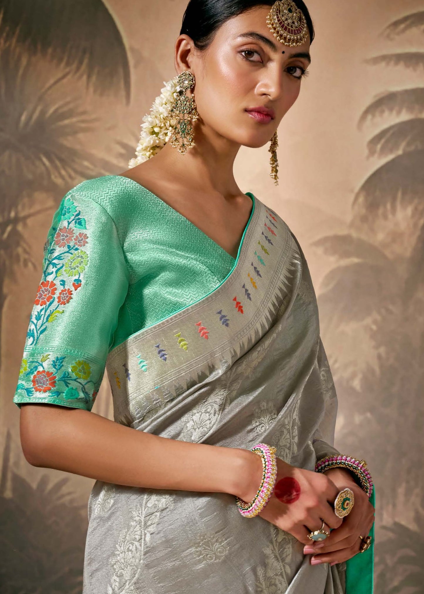 Shop grey paithani silk saree online india usa with contrast green blouse.