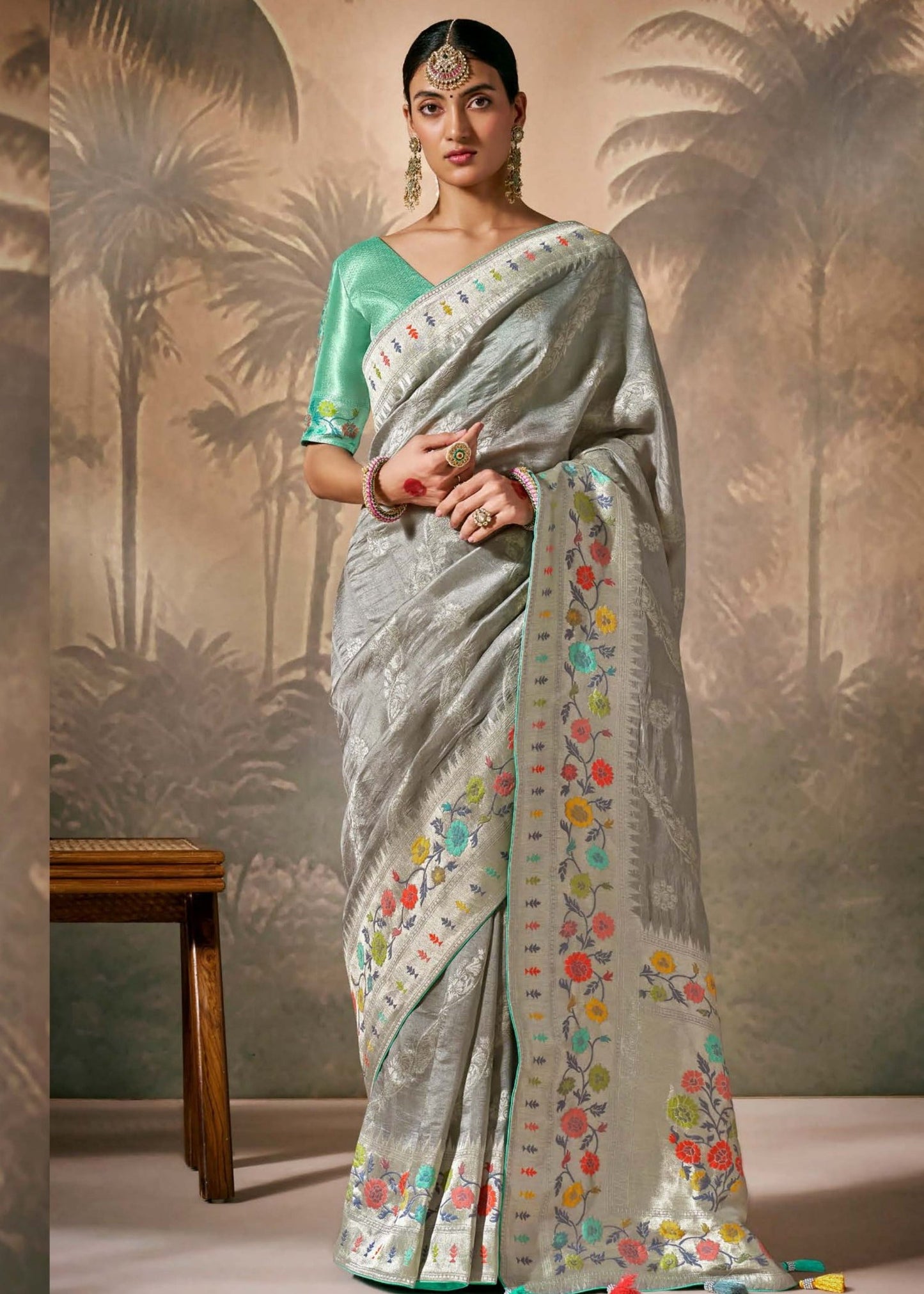 Grey paithani silk saree online shopping india usa for wedding.