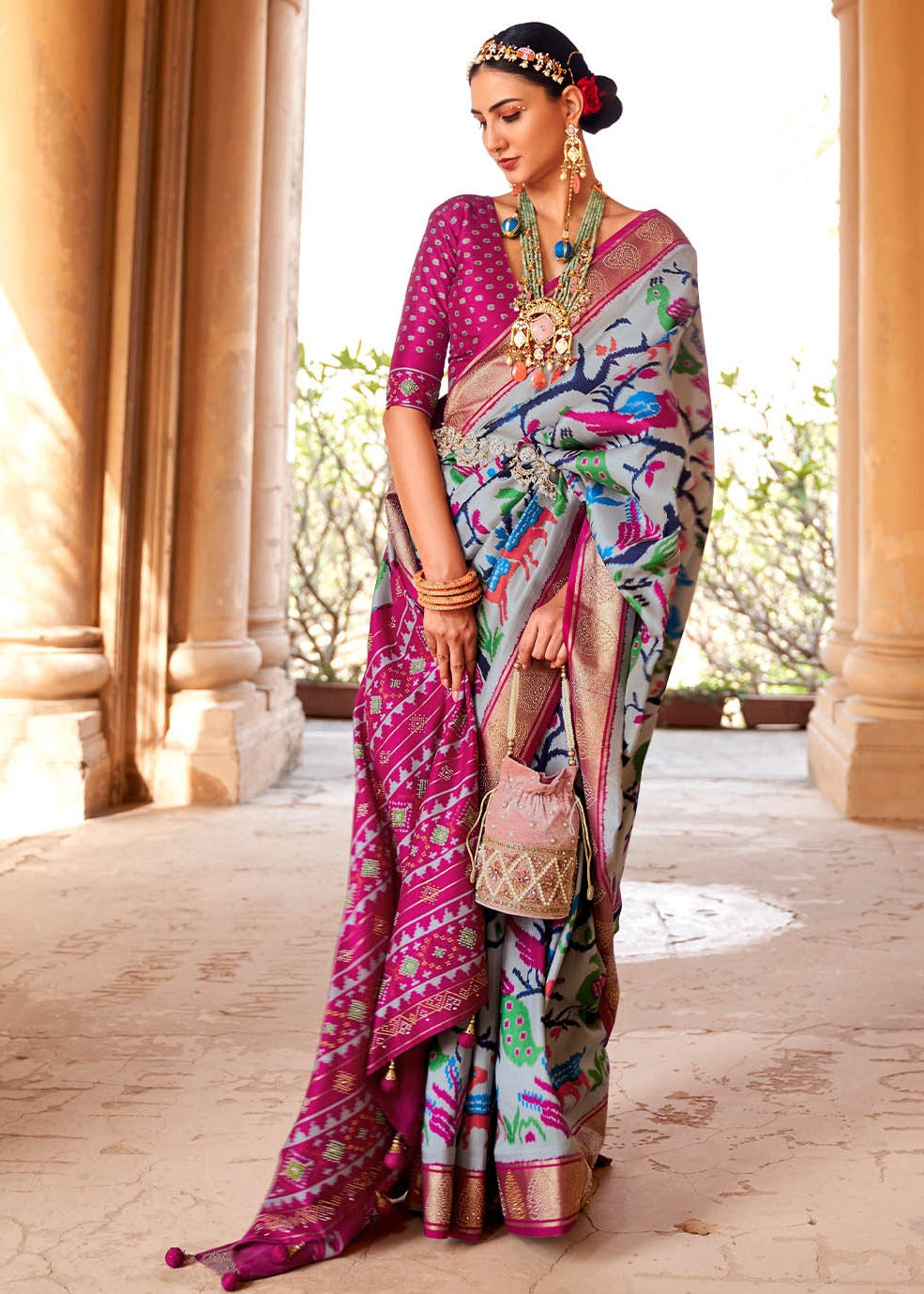 Grey and pink patola silk saree online shopping for wedding function look.