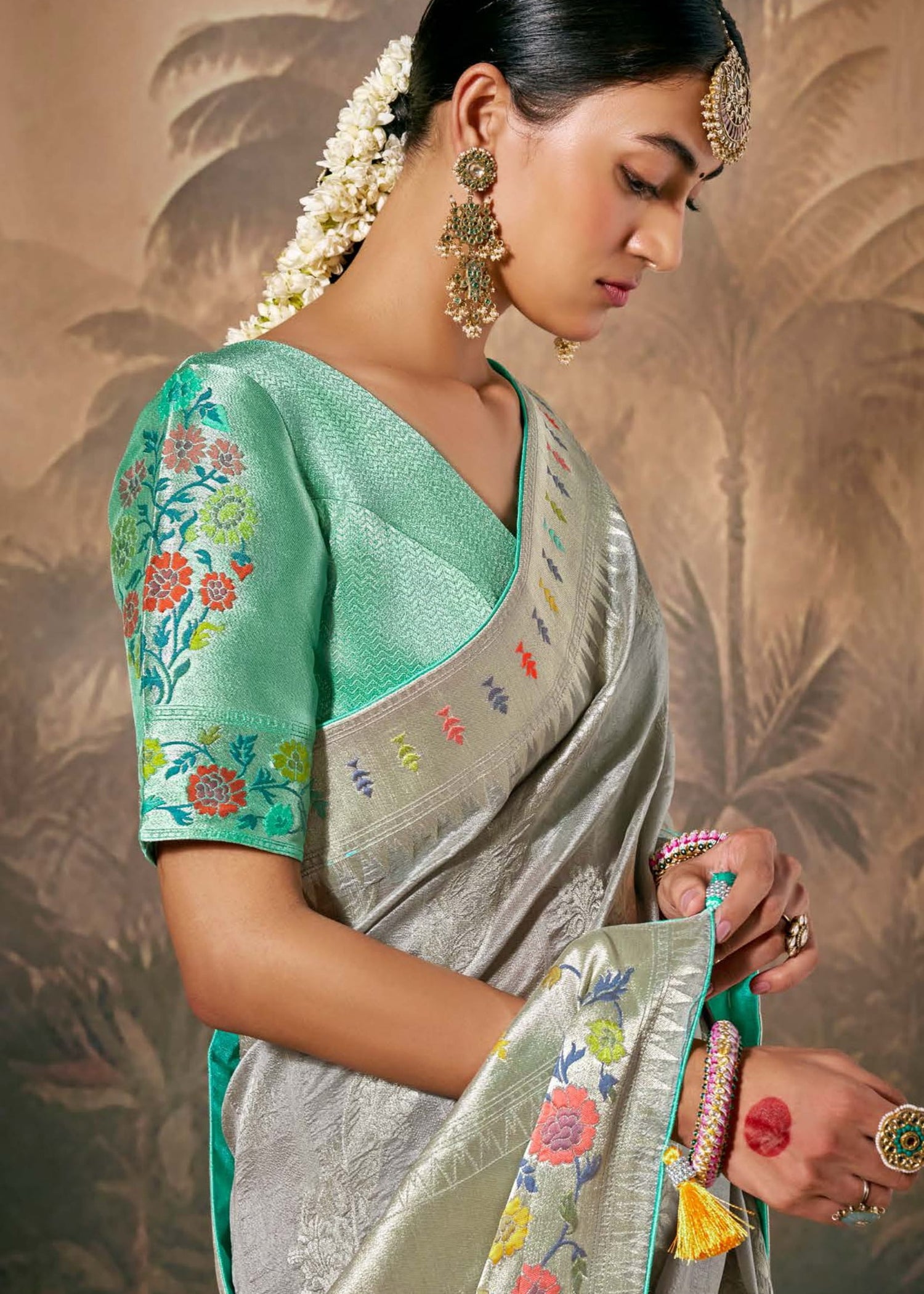 Grey paithani silk saree with contrast green blouse for online shopping india.