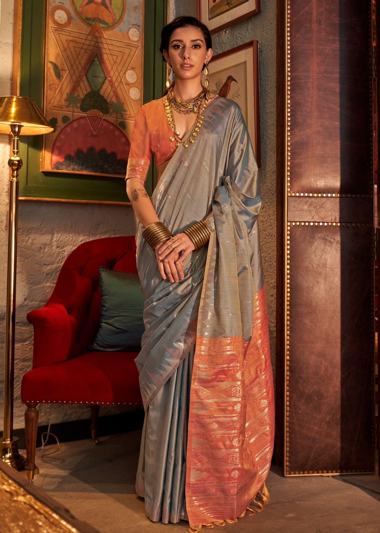 Grey banarasi tussar silk saree contrast orange blouse in usa online shopping for indian wedding.