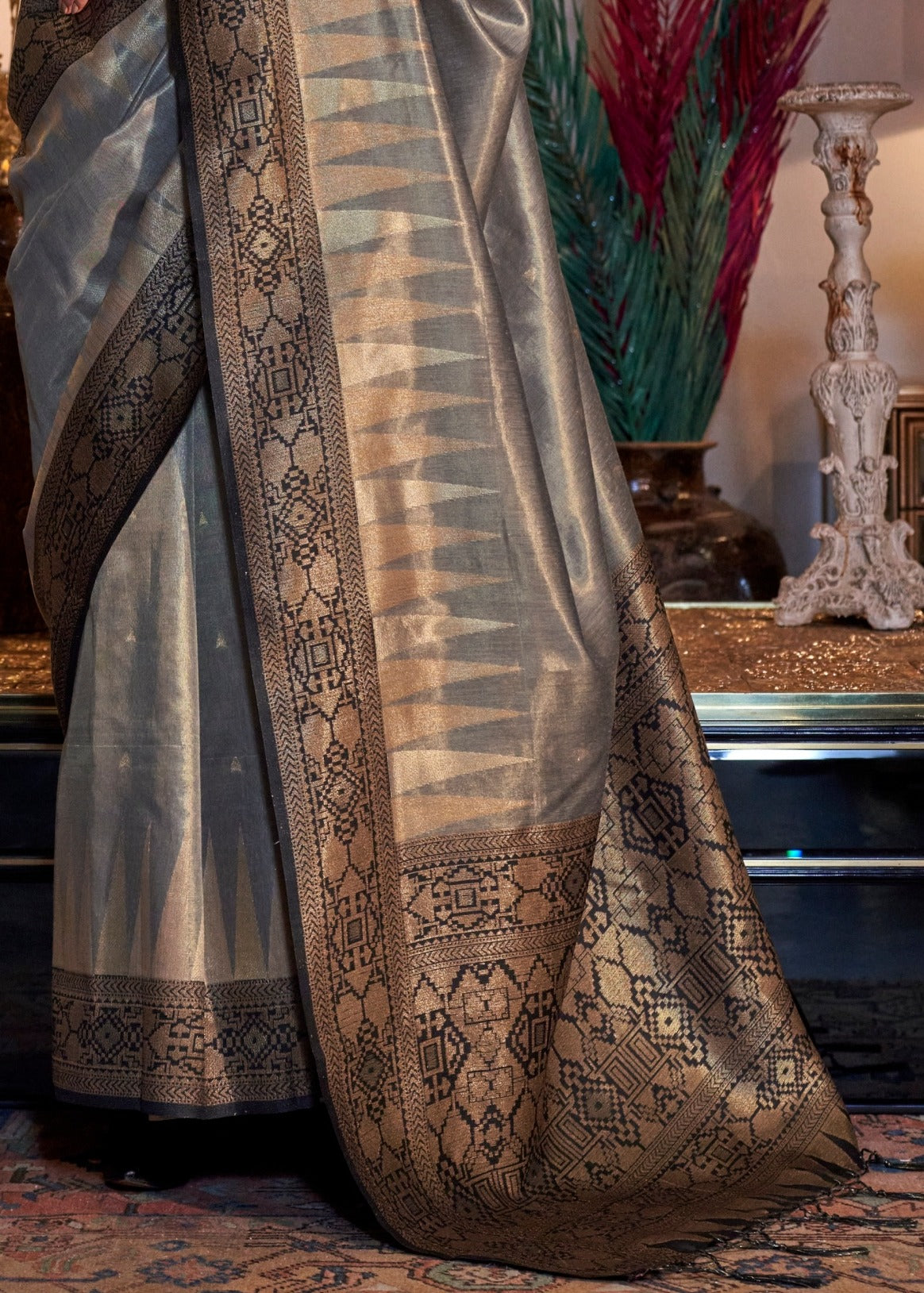 Pure banarasi tissue silk grey and black handloom saree online design for wedding look.