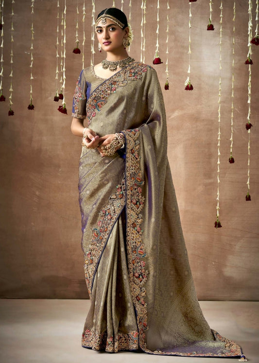 Grey tissue organza embroidery saree online india usa with heavy handwork design.